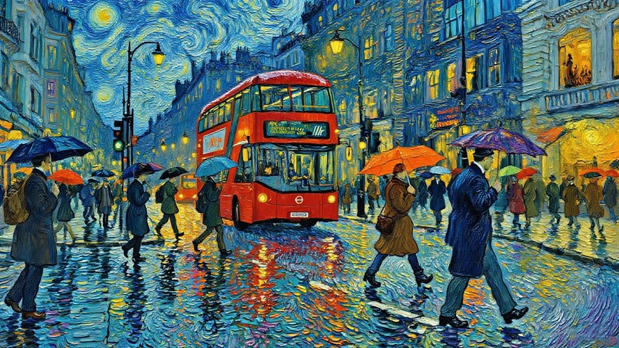 Van Gogh style painting of London rainy street: Viddo AI image to image artwork