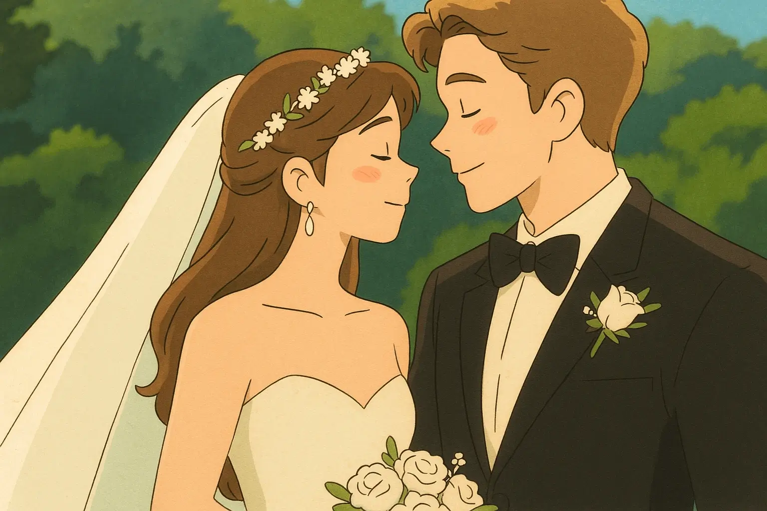 Anime style illustration of wedding couple: Viddo AI image to image output