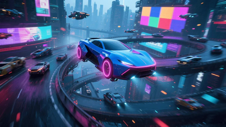 Futuristic blue flying car in cyberpunk city: text to video example from Viddo AI
